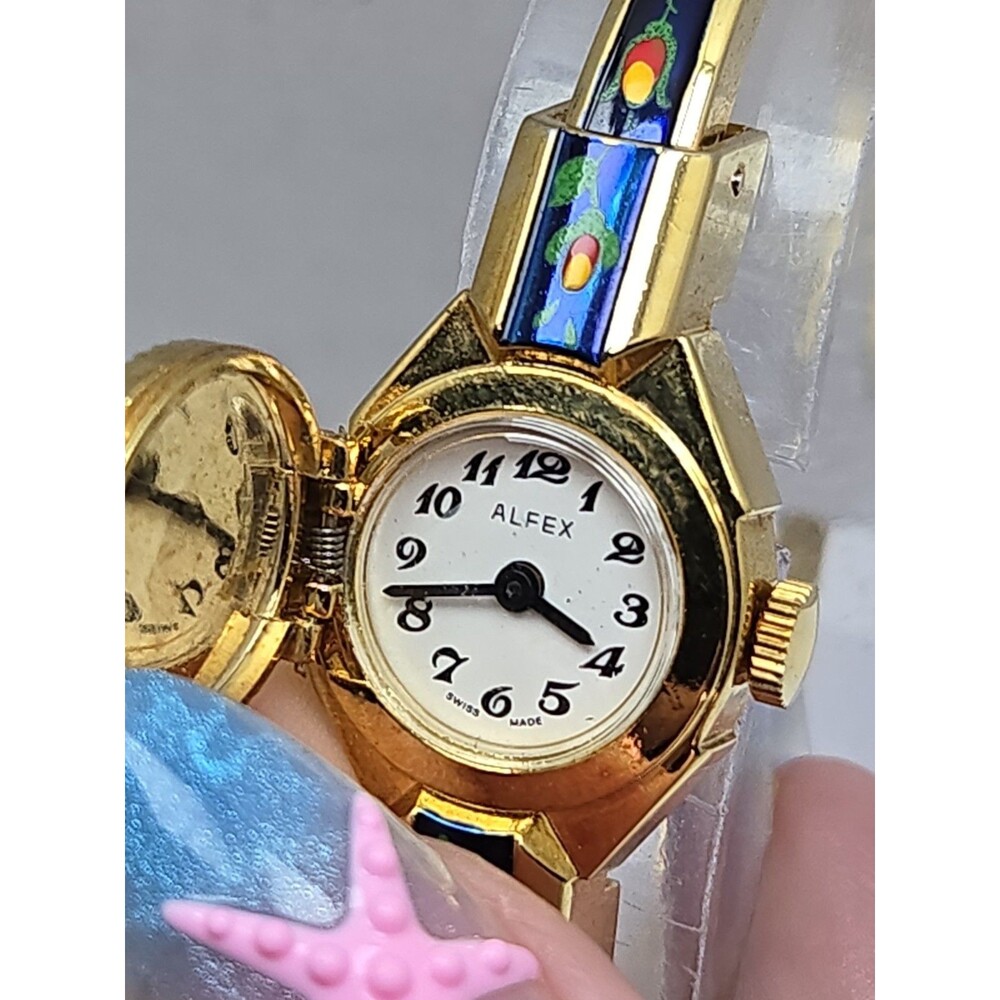 Vintage Alfex Swiss Floral Enamel Hidden Dial Bangle Manual Wind Watch Works - Picture 4 of 16